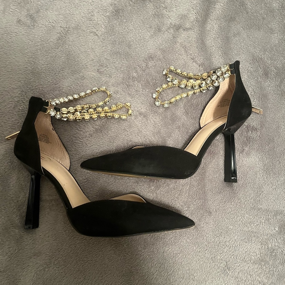 J Lo black heels with diamond ankle accent